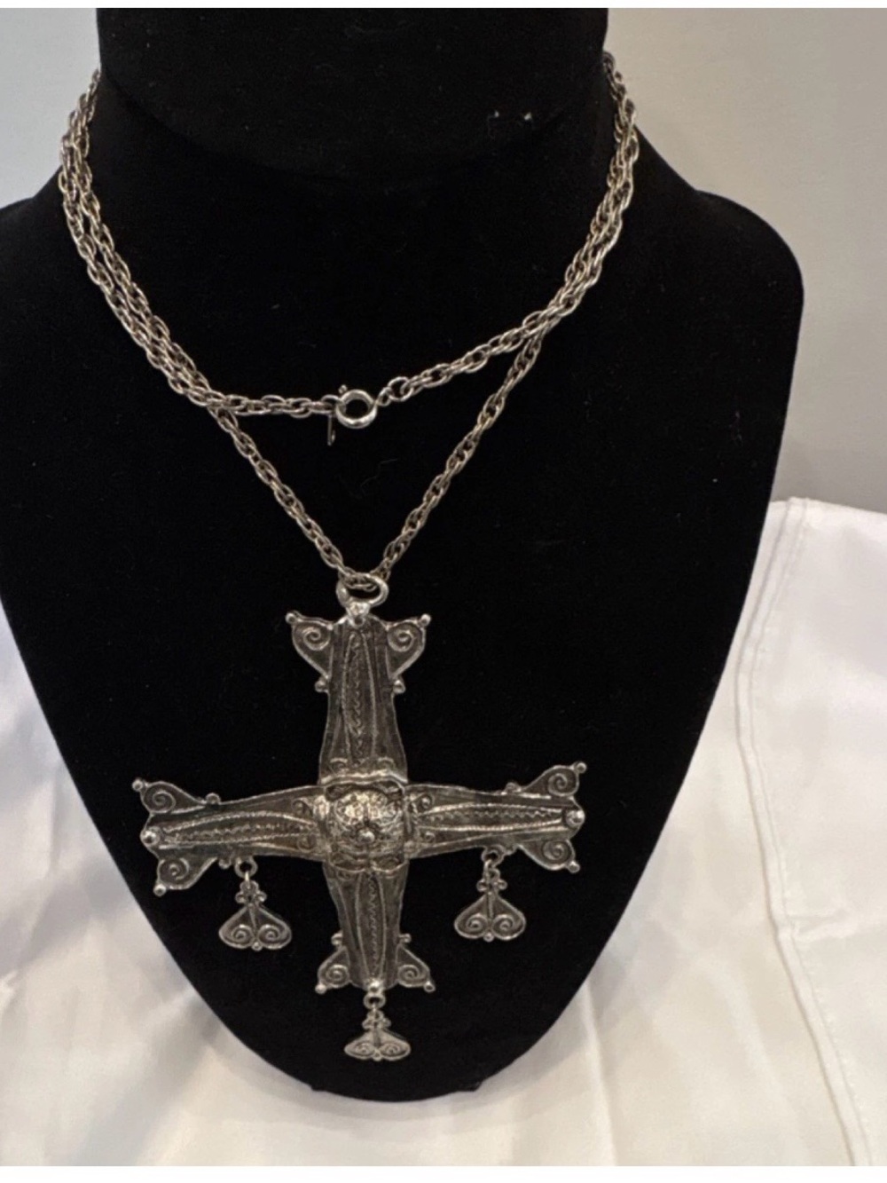 Vintage Large Ornate Silver Cross Pendant Necklace